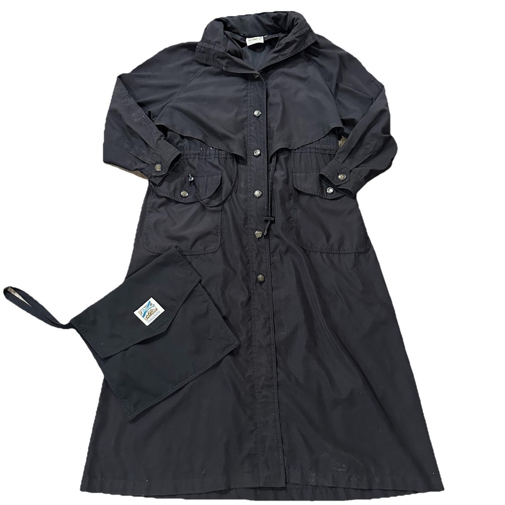 Vintage Travel Smith Womens Trench Coat Size M Black Hooded Water Resistant Bag